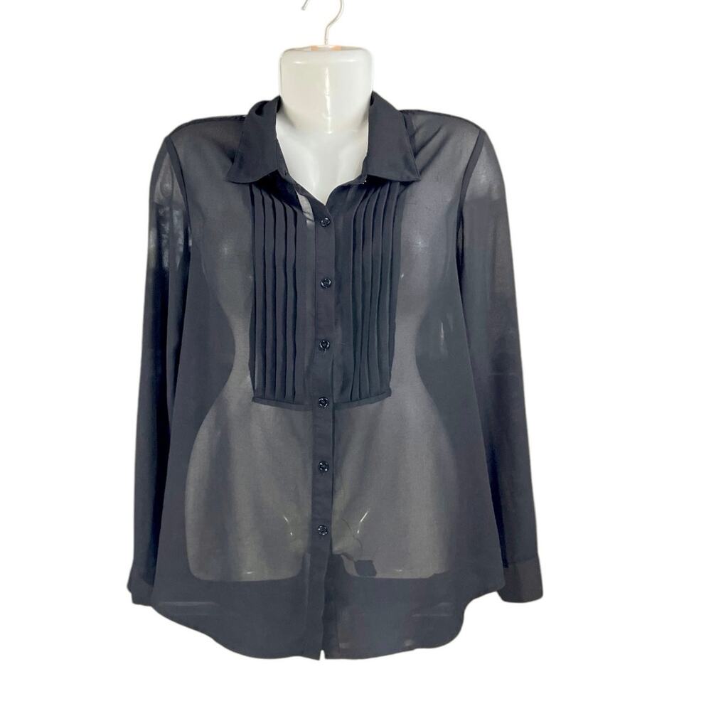 Anne French Women's Black Button-Up Pleated Sheer/Lace Long Sleeve Blouse SZ M